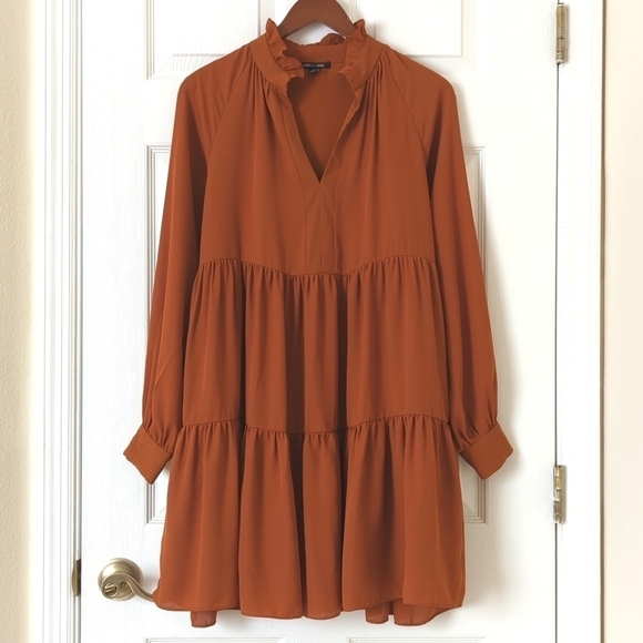 Sam and Jess Ruffle Tiered Long Sleeve V-neck Mini Babydoll Swing Dress Rust S - Picture 1 of 13